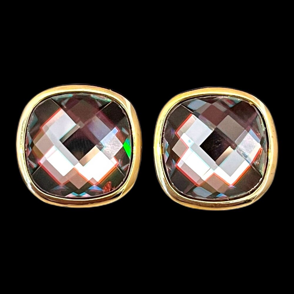 Vintage 1980s Gold Tone Earrings Cushion Cut Faceted Glass Clip On NOS - 3F